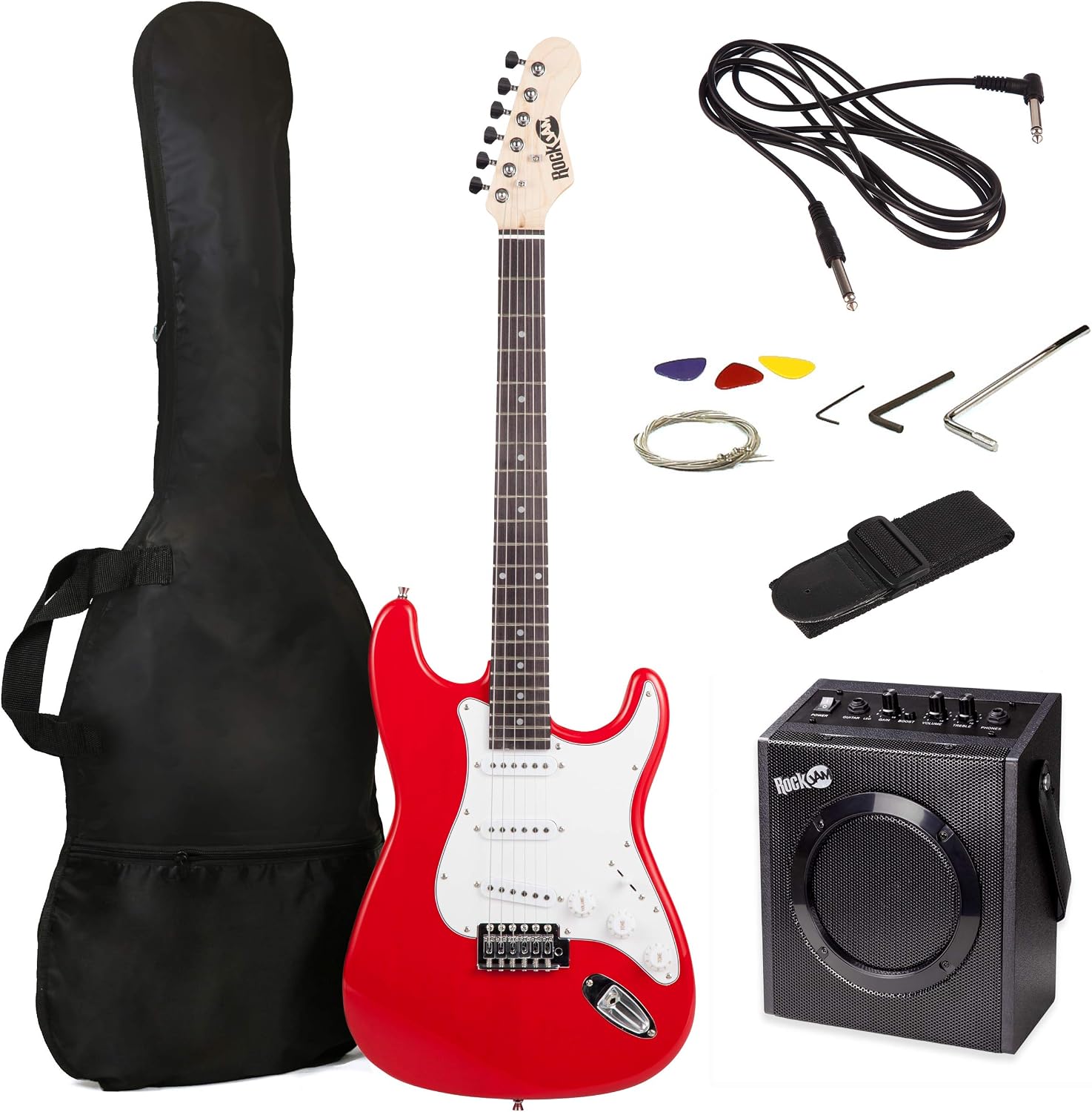 RockJam full size electric guitar in red with its 10-watt amplifier, gig bag, strap and cable